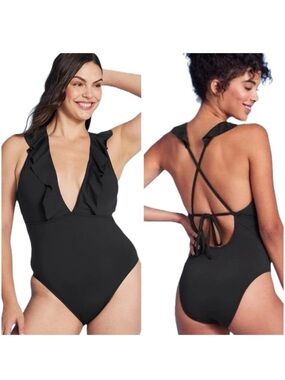 Shade & Shore Black Plunge Flounce Ruffled One Piece Swimsuit Criss Cross Back M